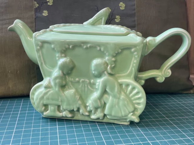 Vintage Antique Ellgreave Cinderella Teapot England Green Glaze Pottery C.1930