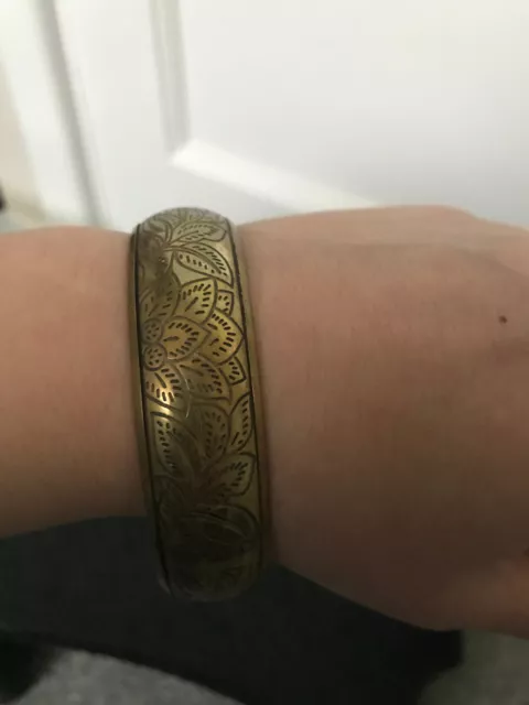 Floral Engraved Etched Brass Colored Chunky Bangle Bracelet Leaves Botanical