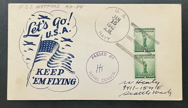 Uss Hatfield 1942 Naval Censored Cover "Let's Go U.s.a! Keep 'Em Flying" Cachet