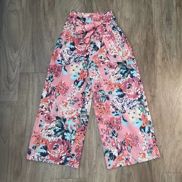 ZARA PINK FLORAL Wide Leg Pants Tie Waist High Rise- Size Extra Small £ ...
