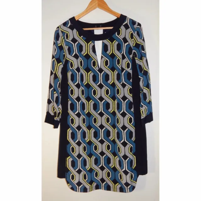 Trina Turk Size 10 Darcie Blue Grey 100% Silk Shift Dress 3/4 Sleeve Mod Gogo