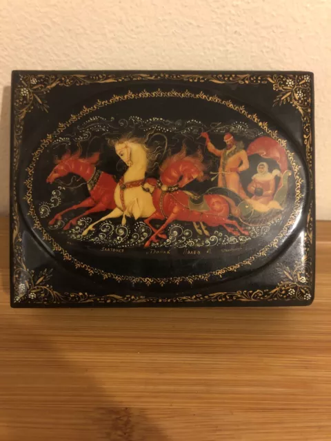 Vintage Russian Black lacquered Horse Trinket box