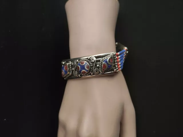 Asian Sterling Silver Bracelet women Tibetan Jewelry beautiful Coral Lapis B5