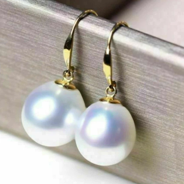 10-12mm Natural white round Akoya pearl 14K gold earrings Cultured Wedding