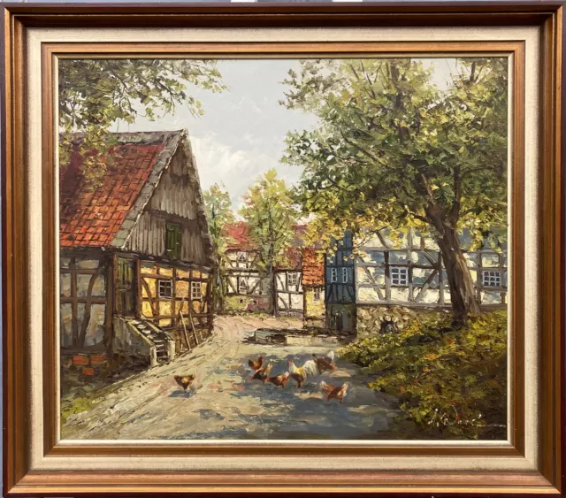 Ölbild Impressionist Dorfstraße mit Hühner Fachwerkhäuser Idylle signiert