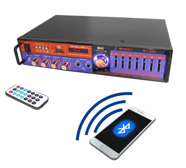 Amplificatore Audio Bluetooth 2 Canali Stereo Karaoke Mp3 Radio Fm Hi-Fi Usb Aux