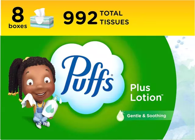 Puffs Plus Lotion Facial Tissues, 8 Family Boxes, 124 Facial Tissues per Box May