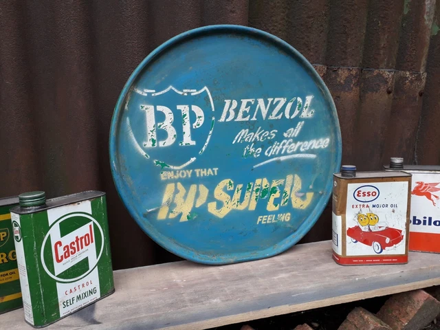 BP BENZOL drum lid mancave garage workshop globe AA bar decor Castrol GTX petrol