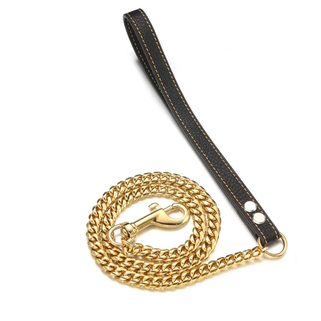 Gold Plated Dog Leash Stainless Steel Cuban Curb Chain Link with Leather Handle