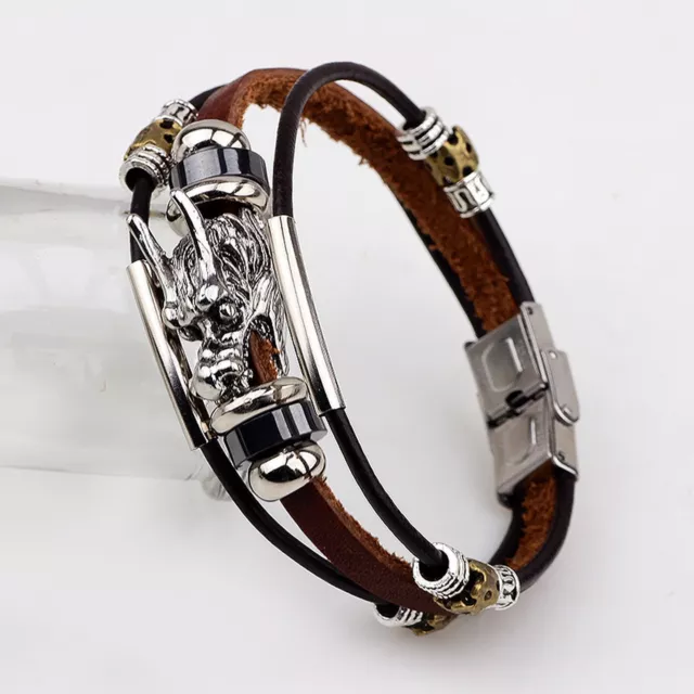 Men's Dragon Coffee Color Leather Adjustable Length Wrap Bracelet