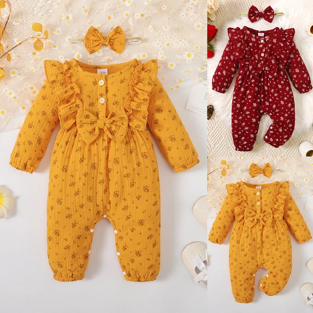 Newborn Baby Girl Floral Ruffle Romper Bodysuit Jumpsuit Headband Outfits Sets
