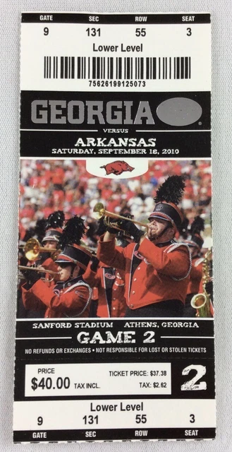 CFB 2010 09/18 Arkansas at Georgia Football Ticket-Aaron Murray