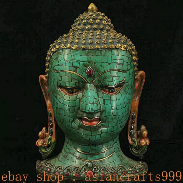 10,4''Tibet Buddhist Bronze Gold Türkis Inlay Gem Shakyamuni Buddha Maske Statue