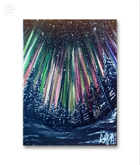 ●○ BOREALIS NEÓN ○● Acrilico sobre lienzo. Aurora Boreal Bosque Mágico, luz UV.