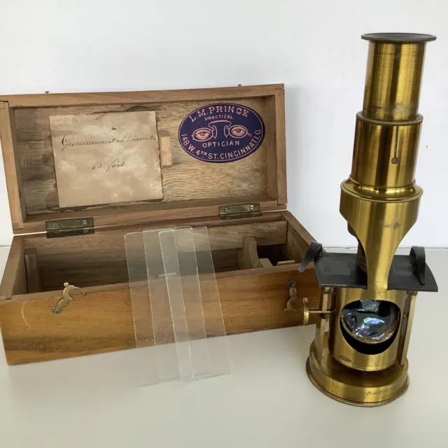 Antique Victorian Pocket Microscope Brass Barrel With Wood Case