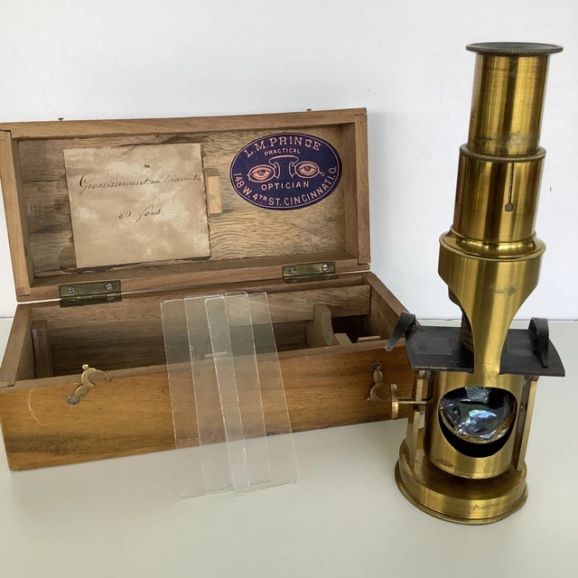 Antique Victorian Pocket Microscope Brass Barrel With Wood Case Antique Victorian Pocket Microscope Brass Barrel With Wood Case