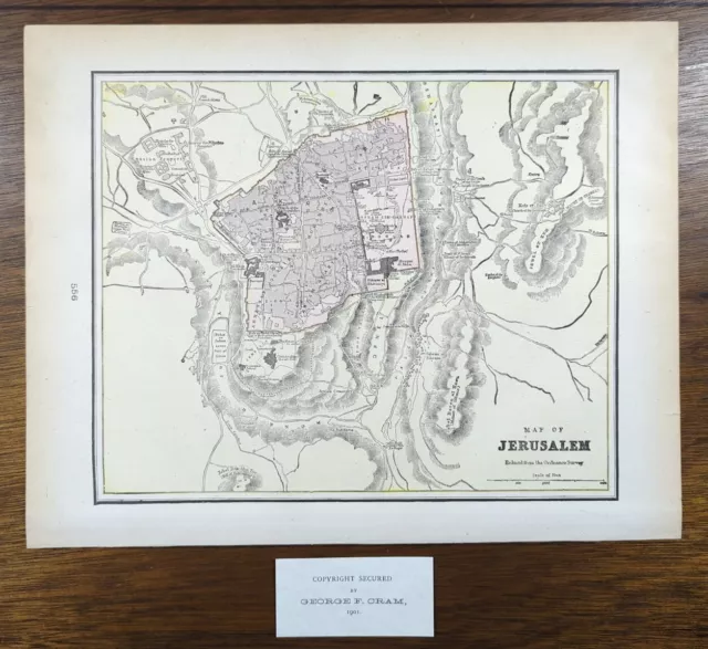 Vintage 1901 JERUSALEM Map 14"x11" ~ Old Antique Original HOLY LAND TEMPLE MOUNT