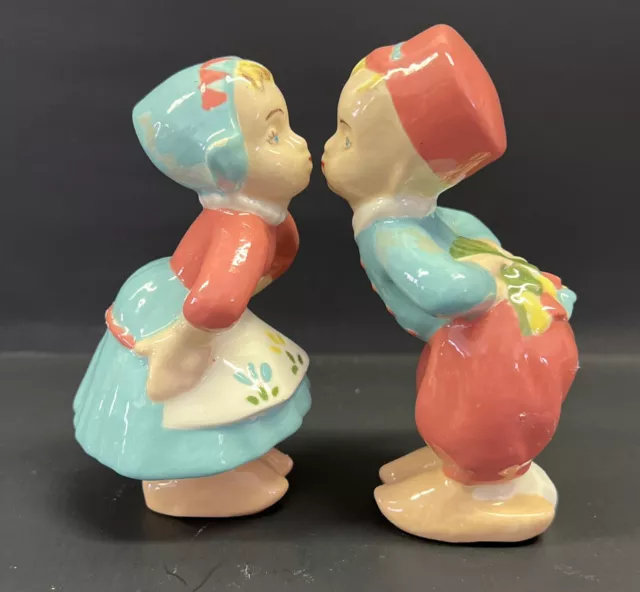 VTG Kissing Dutch Figurines Hand Painted Signed MCM Kitschy USA Turquoise Rose