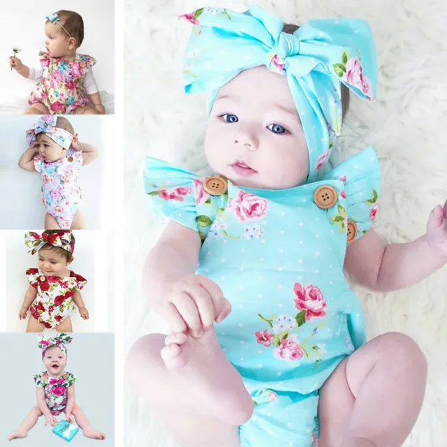 Tuta monopezzo monopezzo neonata bambina floreale manica arricciata con bottoni + fascia