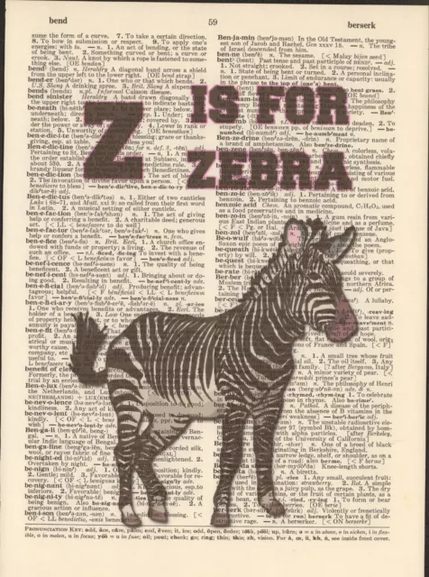 Z is for Zebra Alphabet Altered Art Print Upcycled Vintage Dictionary Page