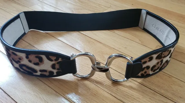 Chico's leather cheetah animal print black belt elastic M interlocking cow hide