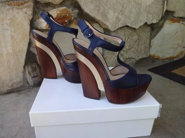 Casadei Tango Navy Skyhigh Leather Platform Sandals EU Size 9