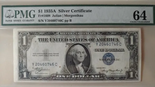 $1.00 Dollar 1935 A Silver Certificate PMG 64 Choice Uncirculated Fr#1608.