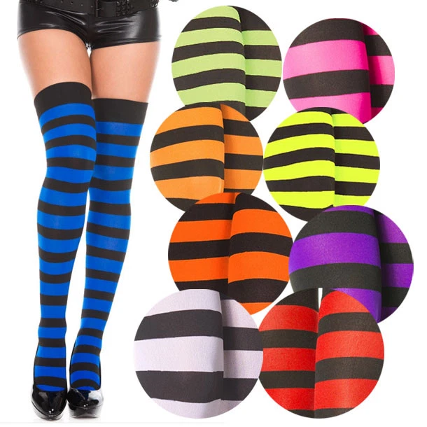 Opaque Striped Horizontal Jester Elf Costume Thigh Hi Halloween Tights Pantyhose