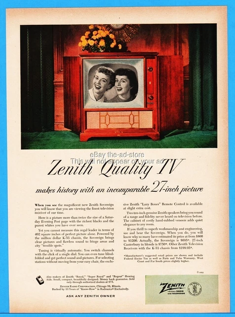 1952 Zenith Sovereign 27 Inch Console TV Lazy Bones Remote Control Print Ad