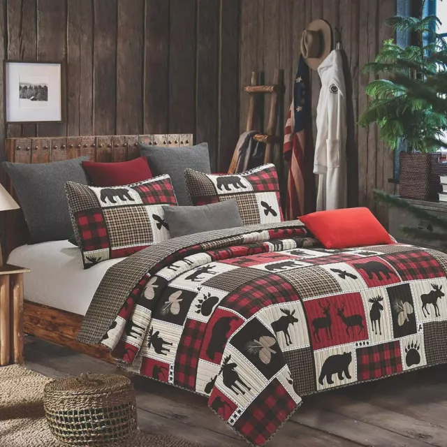 Rustic Bear Cabin Lodge Life Queen Full Quilt Set Red Buffalo Check Plaid Black