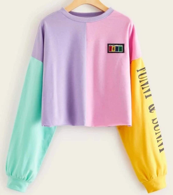drop shoulder letter graphic colorblock pullover