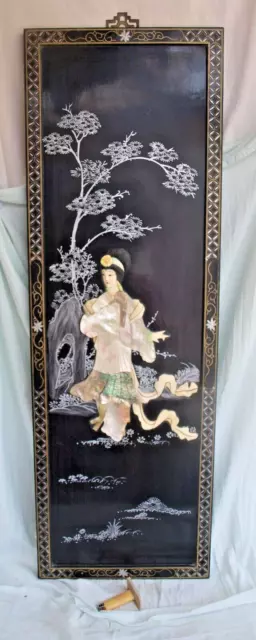 PANNEAU LAQUE NOIRE ANCIEN  GEISHA NACRE Asian ART ASIATIQUE VINTAGE DECO