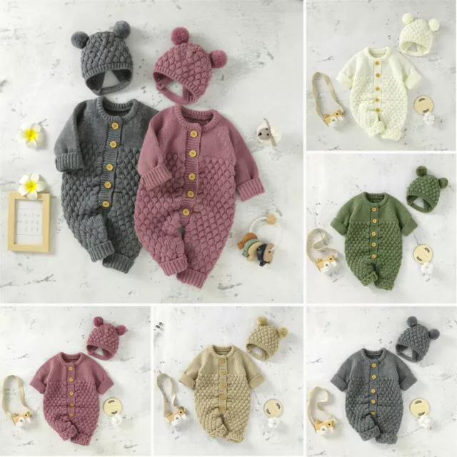 Newborn Baby Girls Boys Cotton Knitted Sweater Romper Jumpsuit+Hat Outfits Set