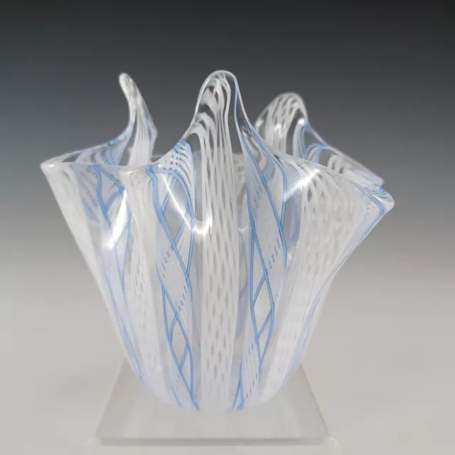 Murano Blue & White Zanfirico Glass Fazzoletto Handkerchief Vase