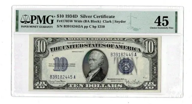 1934D $10 Silver Certificate Wide FR 1705W Wide BA Block PMG 45