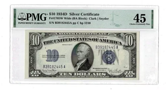1934D $10 Silver Certificate Wide FR 1705W Wide BA Block PMG 45