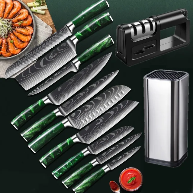 12PC Green Japanese Kitchen Knives Damascus Chef Knife Set Knife Block Sharpener