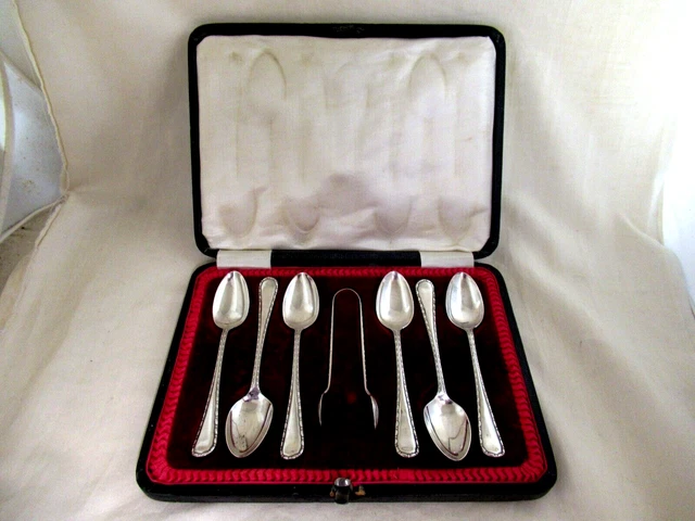 Scatola argento massiccio di 6 cucchiaini e pinze - Contrassegnato: - Sheffield 1918