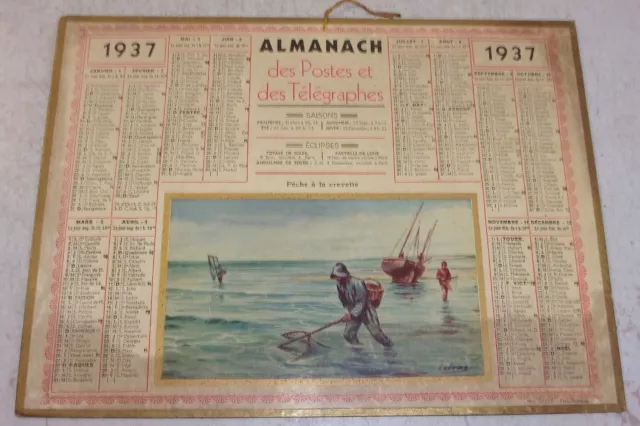 Calendrier ALMANACH DES POSTES ET DES TELEGRAPHES 1937 Pêche crevette MORBIHAN