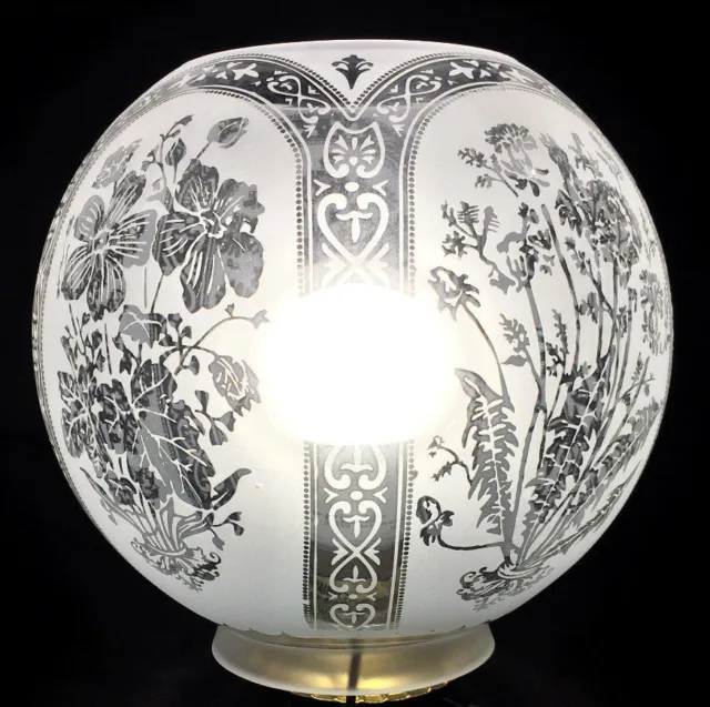 8" Five Scene Floral Etched Victorian Ball Gas Lamp Shade - 4" fitter #GS595 2