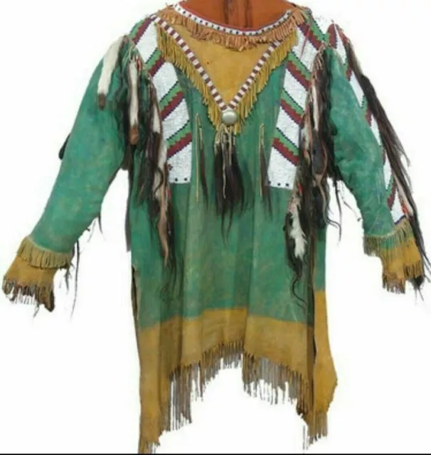 Old Style Native American Buffalo Beaded Fringes Powwow Regalia War Shirt NLS5 3