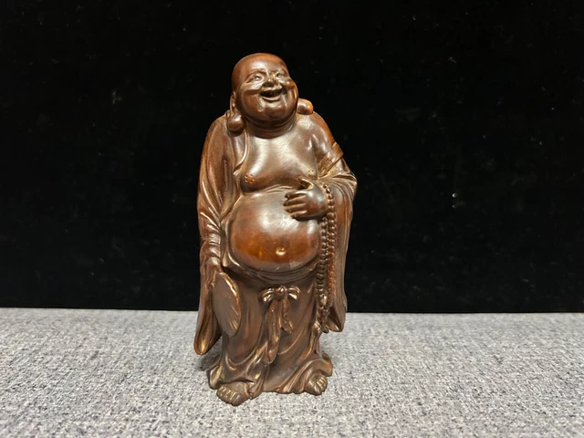 Chinese old boxwood hand carved Laughing Buddha statue netsuke decoration