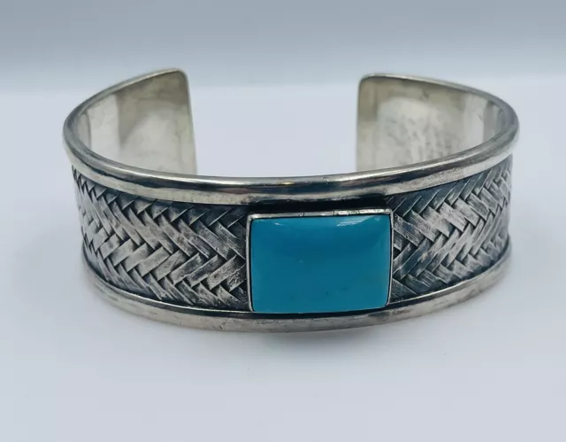 Pat Areias Vintage Sterling Silver Blue Turquoise Herringbone Mens Cuff Bracelet