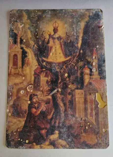 Religious Retablo Rustic Style Mexican Print Transfer On Tin Virgin of Aranzazu