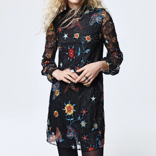 Alice + Olivia Maria Embellished Mini Lace Dress Black Floral Embroidered Bird 2