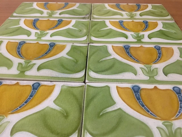 Antique rare art vintage England nouveau border collectible tile majolica c1900 3