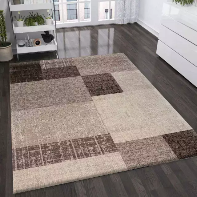 Moderner Designer Teppich in Beige Braun mit Kachel Optik Kurzflor Wohnzimmer