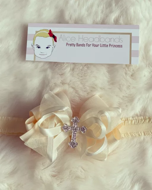 Baby Girl 3 inch Cream Christening Headband Baptism Bow Cross Hairband