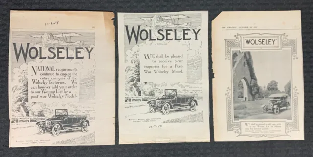 1917/18 WOLSELEY MOTOR CAR CO. 6.5x8.5" Automotive Print Ad VG/VG+ Delivery 3pcs