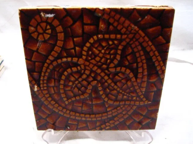 Early Majolica Glazed Ceramic Tile Art Nouveau Brown Leaf Ornate Mosaic Scroll L